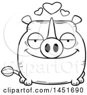Clipart Graphic Of A Cartoon Black And White Lineart Loving Rhinoceros Character Mascot Royalty Free Vector Illustration