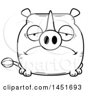 Clipart Graphic Of A Cartoon Black And White Lineart Sad Rhinoceros Character Mascot Royalty Free Vector Illustration