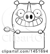 Poster, Art Print Of Cartoon Black And White Lineart Rhinoceros Character Mascot Over A Blank Sign