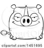 Clipart Graphic Of A Cartoon Black And White Lineart Sly Rhinoceros Character Mascot Royalty Free Vector Illustration