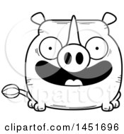 Clipart Graphic Of A Cartoon Black And White Lineart Smiling Rhinoceros Character Mascot Royalty Free Vector Illustration