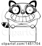 Clipart Graphic Of A Cartoon Black And White Lineart Raccoon Character Mascot Over A Blank Sign Royalty Free Vector Illustration