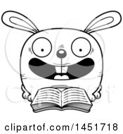 Clipart Graphic Of A Cartoon Black And White Lineart Reading Bunny Rabbit Character Mascot Royalty Free Vector Illustration