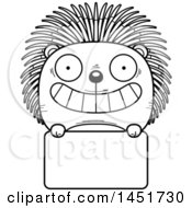 Poster, Art Print Of Cartoon Black And White Lineart Porcupine Character Mascot Over A Blank Sign