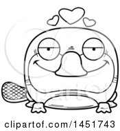 Clipart Graphic Of A Cartoon Black And White Lineart Loving Platypus Character Mascot Royalty Free Vector Illustration