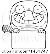 Poster, Art Print Of Cartoon Black And White Lineart Platypus Character Mascot Over A Blank Sign