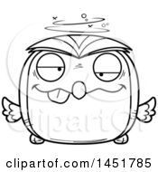 Clipart Graphic Of A Cartoon Black And White Lineart Drunk Owl Character Mascot Royalty Free Vector Illustration