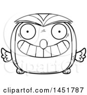 Clipart Graphic Of A Cartoon Black And White Lineart Grinning Owl Character Mascot Royalty Free Vector Illustration