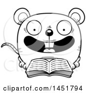 Clipart Graphic Of A Cartoon Black And White Lineart Reading Mouse Character Mascot Royalty Free Vector Illustration