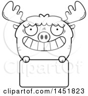 Poster, Art Print Of Cartoon Black And White Lineart Moose Character Mascot Over A Blank Sign