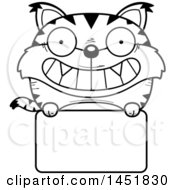 Poster, Art Print Of Cartoon Black And White Lineart Lynx Character Mascot Over A Blank Sign