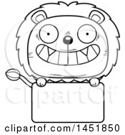 Poster, Art Print Of Cartoon Black And White Lineart Male Lion Character Mascot Over A Blank Sign