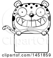 Clipart Graphic Of A Cartoon Black And White Lineart Leopard Character Mascot Over A Blank Sign Royalty Free Vector Illustration