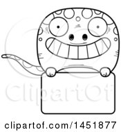 Clipart Graphic Of A Cartoon Black And White Lineart Gecko Character Mascot Over A Blank Sign Royalty Free Vector Illustration