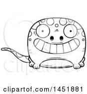 Clipart Graphic Of A Cartoon Black And White Lineart Grinning Gecko Character Mascot Royalty Free Vector Illustration
