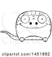 Clipart Graphic Of A Cartoon Black And White Lineart Happy Gecko Character Mascot Royalty Free Vector Illustration