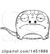 Clipart Graphic Of A Cartoon Black And White Lineart Sad Gecko Character Mascot Royalty Free Vector Illustration