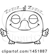 Clipart Graphic Of A Cartoon Black And White Lineart Sleeping Duck Character Mascot Royalty Free Vector Illustration