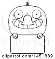 Poster, Art Print Of Cartoon Black And White Lineart Duck Character Mascot Over A Blank Sign