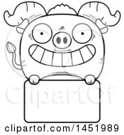 Poster, Art Print Of Cartoon Black And White Lineart Ox Character Mascot Over A Blank Sign