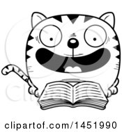 Clipart Graphic Of A Cartoon Black And White Lineart Reading Cat Character Mascot Royalty Free Vector Illustration
