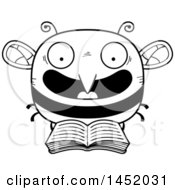 Clipart Graphic Of A Cartoon Black And White Lineart Reading Bee Character Mascot Royalty Free Vector Illustration