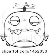 Clipart Graphic Of A Cartoon Black And White Lineart Drunk Piranha Fish Character Mascot Royalty Free Vector Illustration