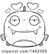 Clipart Graphic Of A Cartoon Black And White Lineart Loving Piranha Fish Character Mascot Royalty Free Vector Illustration