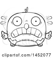 Clipart Graphic Of A Cartoon Black And White Lineart Scared Parrot Bird Character Mascot Royalty Free Vector Illustration