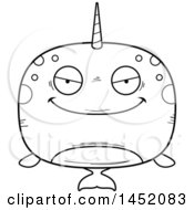 Clipart Graphic Of A Cartoon Black And White Lineart Evil Narwhal Character Mascot Royalty Free Vector Illustration