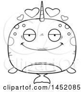 Clipart Graphic Of A Cartoon Black And White Lineart Loving Narwhal Character Mascot Royalty Free Vector Illustration