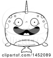 Clipart Graphic Of A Cartoon Black And White Lineart Happy Narwhal Character Mascot Royalty Free Vector Illustration