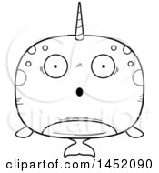 Clipart Graphic Of A Cartoon Black And White Lineart Surprised Narwhal Character Mascot Royalty Free Vector Illustration