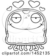 Clipart Graphic Of A Cartoon Black And White Lineart Loving Jellyfish Character Mascot Royalty Free Vector Illustration