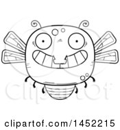 Clipart Graphic Of A Cartoon Black And White Lineart Grinning Dragonfly Character Mascot Royalty Free Vector Illustration