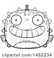 Clipart Graphic Of A Cartoon Black And White Lineart Grinning Blowfish Character Mascot Royalty Free Vector Illustration