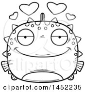 Clipart Graphic Of A Cartoon Black And White Lineart Loving Blowfish Character Mascot Royalty Free Vector Illustration