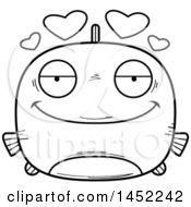 Clipart Graphic Of A Cartoon Black And White Lineart Loving Fish Character Mascot Royalty Free Vector Illustration