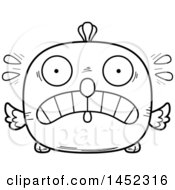Clipart Graphic Of A Cartoon Black And White Lineart Scared Chick Character Mascot Royalty Free Vector Illustration