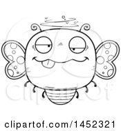 Clipart Graphic Of A Cartoon Black And White Lineart Drunk Butterfly Character Mascot Royalty Free Vector Illustration
