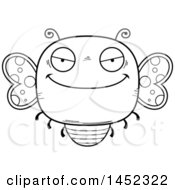 Clipart Graphic Of A Cartoon Black And White Lineart Evil Butterfly Character Mascot Royalty Free Vector Illustration