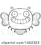 Clipart Graphic Of A Cartoon Black And White Lineart Grinning Butterfly Character Mascot Royalty Free Vector Illustration