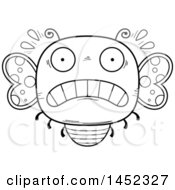 Clipart Graphic Of A Cartoon Black And White Lineart Scared Butterfly Character Mascot Royalty Free Vector Illustration