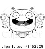 Clipart Graphic Of A Cartoon Black And White Lineart Happy Butterfly Character Mascot Royalty Free Vector Illustration