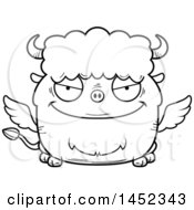 Clipart Graphic Of A Cartoon Black And White Lineart Evil Winged Buffalo Character Mascot Royalty Free Vector Illustration