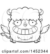 Clipart Graphic Of A Cartoon Black And White Lineart Grinning Winged Buffalo Character Mascot Royalty Free Vector Illustration