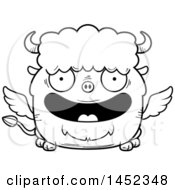 Clipart Graphic Of A Cartoon Black And White Lineart Happy Winged Buffalo Character Mascot Royalty Free Vector Illustration