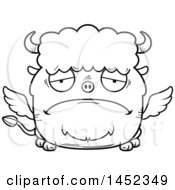 Clipart Graphic Of A Cartoon Black And White Lineart Sad Winged Buffalo Character Mascot Royalty Free Vector Illustration