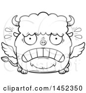 Clipart Graphic Of A Cartoon Black And White Lineart Scared Winged Buffalo Character Mascot Royalty Free Vector Illustration