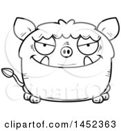 Clipart Graphic Of A Cartoon Black And White Lineart Sly Boar Character Mascot Royalty Free Vector Illustration